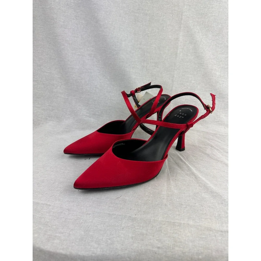 A New Day Womens Red Satin Pointed Toe Slingback Mary Jane Heels 8.5 Memory Foam